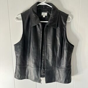 Apt. 9 Genuine Lambskin Black Leather Collared Full Zip Up Vest Women Large